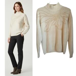 Chrysantheme Silk Angora Blend Sweater Size  L Ivory Beaded Sequin Long Sleeve